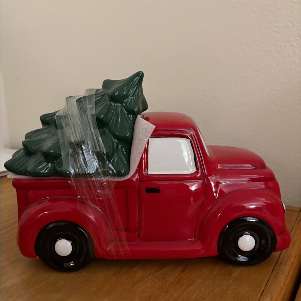 Red Ceramic Truck with Christmas Tree Cookie Jar